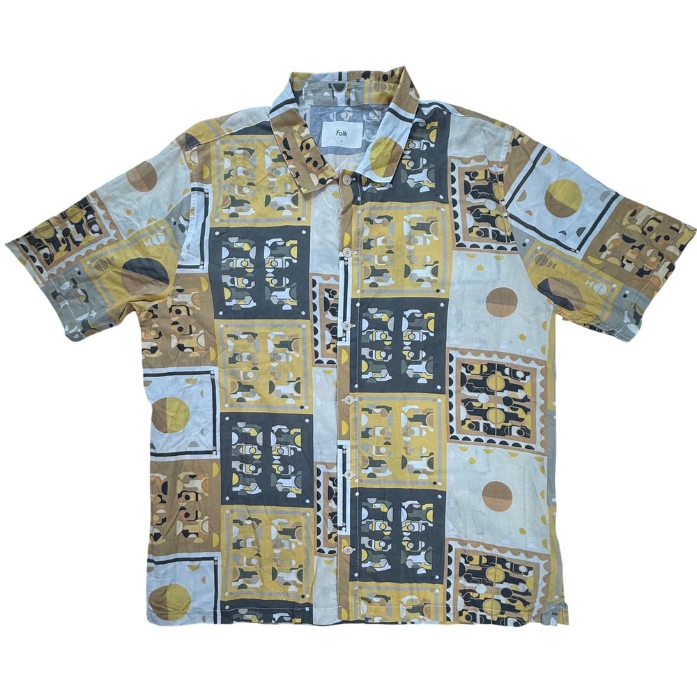 Folk Mens Geometric Abstract Block Print Short Sleeve Button Down Shirt Size 4